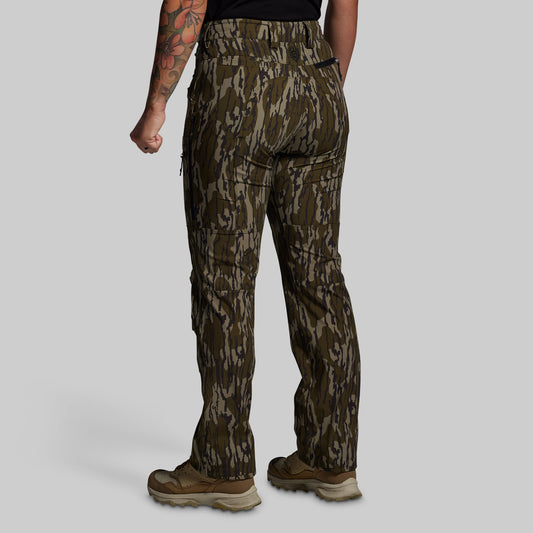 Camouflage pants worn by a person on a gray background