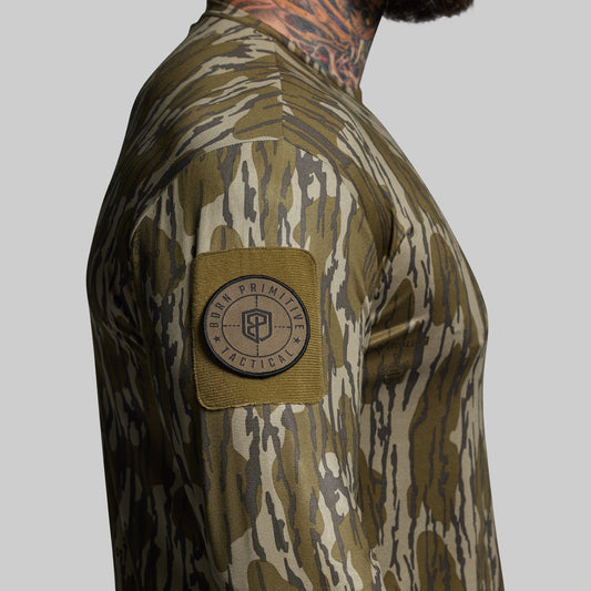 Camouflage shirt with a patch on the sleeve against a gray background