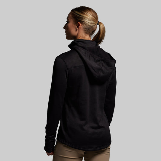 Person wearing a black hoodie on a plain background
