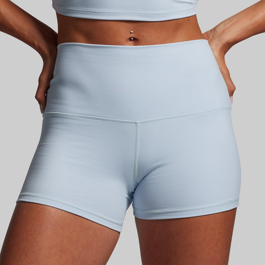 Light blue athletic shorts worn by a person on a neutral background