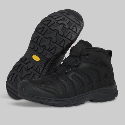 Black boots with a yellow label on a gray background