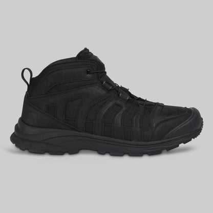 Black boot on a gray background