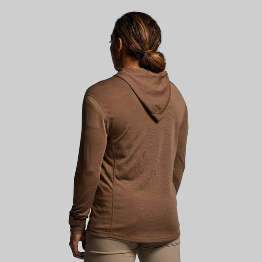Person wearing a brown hoodie on a plain background