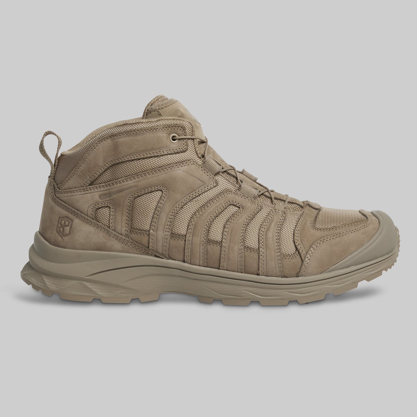 Tan tactical boot on a light gray background