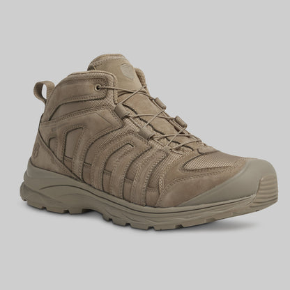 Tan hiking boot on a light gray background