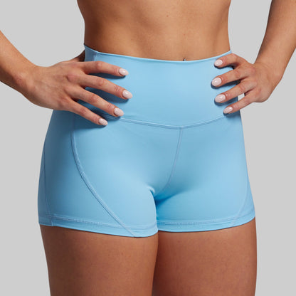 Person wearing light blue athletic shorts on a gray background