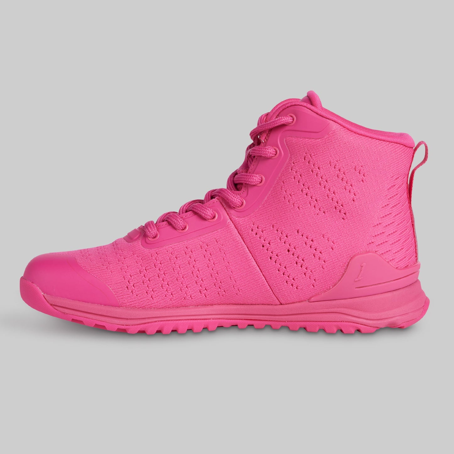 Pink high-top sneaker on a gray background