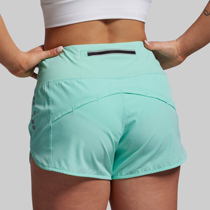 Person wearing light blue athletic shorts on a plain background