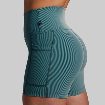 Teal athletic shorts on a gray background