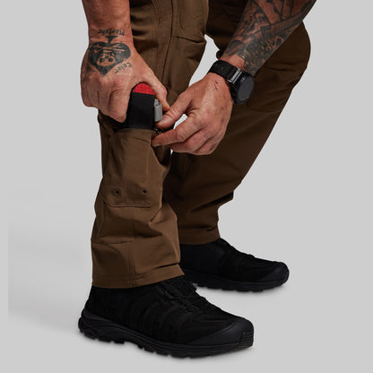 Person wearing brown pants and black shoes on a light gray background