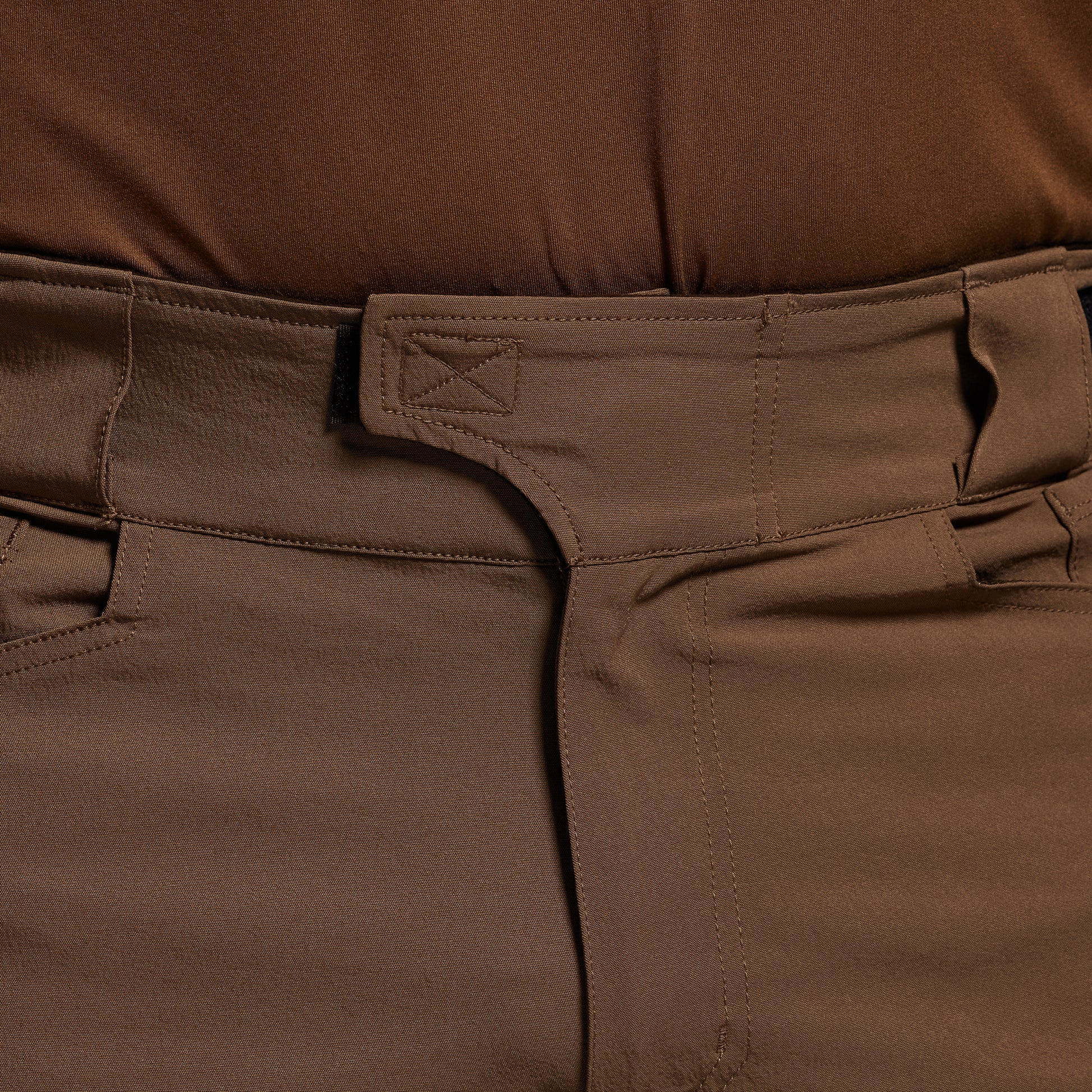 Close-up of brown pants with a focus on the waistband and pocket area.