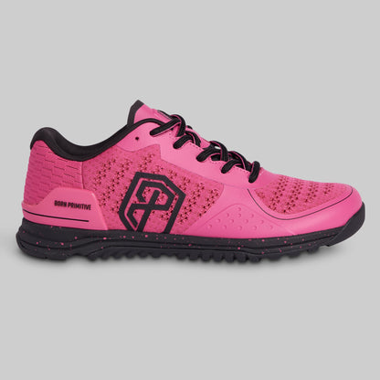 Pink athletic shoe with black accents on a gray background