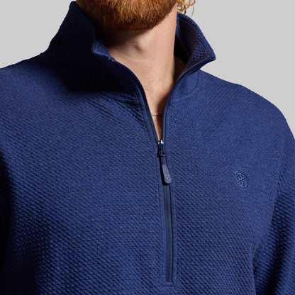 Close-up of blue quarter zip sweatshirt with high collar