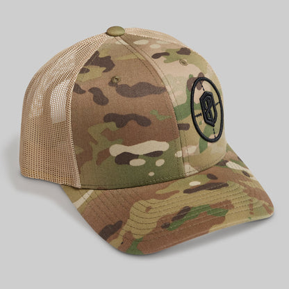 Camouflage baseball cap with a mesh back on a gray background