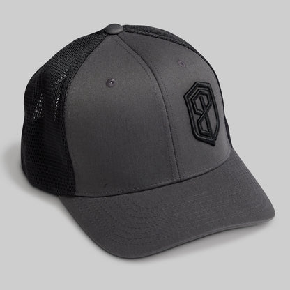 Gray cap with black mesh back and logo on a light gray background