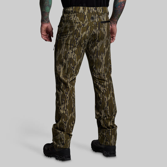 Camouflage pants worn by a person on a gray background