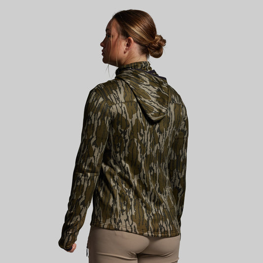 Person wearing a camouflage hoodie on a plain background