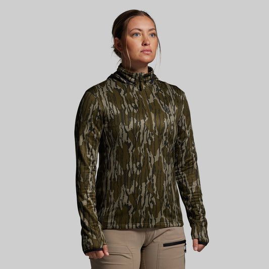 Person wearing a camouflage long-sleeve shirt on a plain background