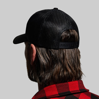 Person wearing a black mesh cap and red plaid shirt on a gray background