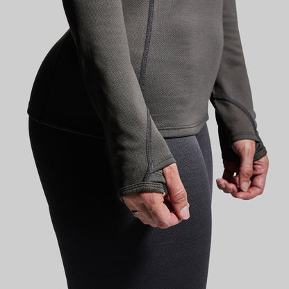 Close-up of thumbholes on gray long-sleeve base layer top.