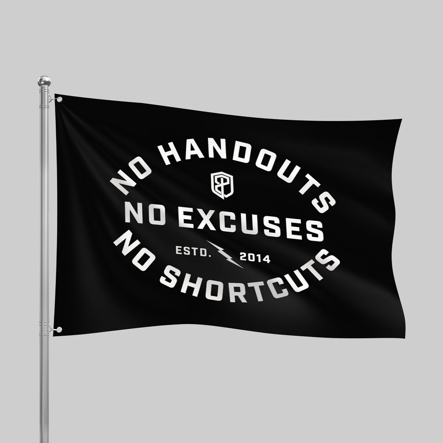 Black flag with white text on a gray background