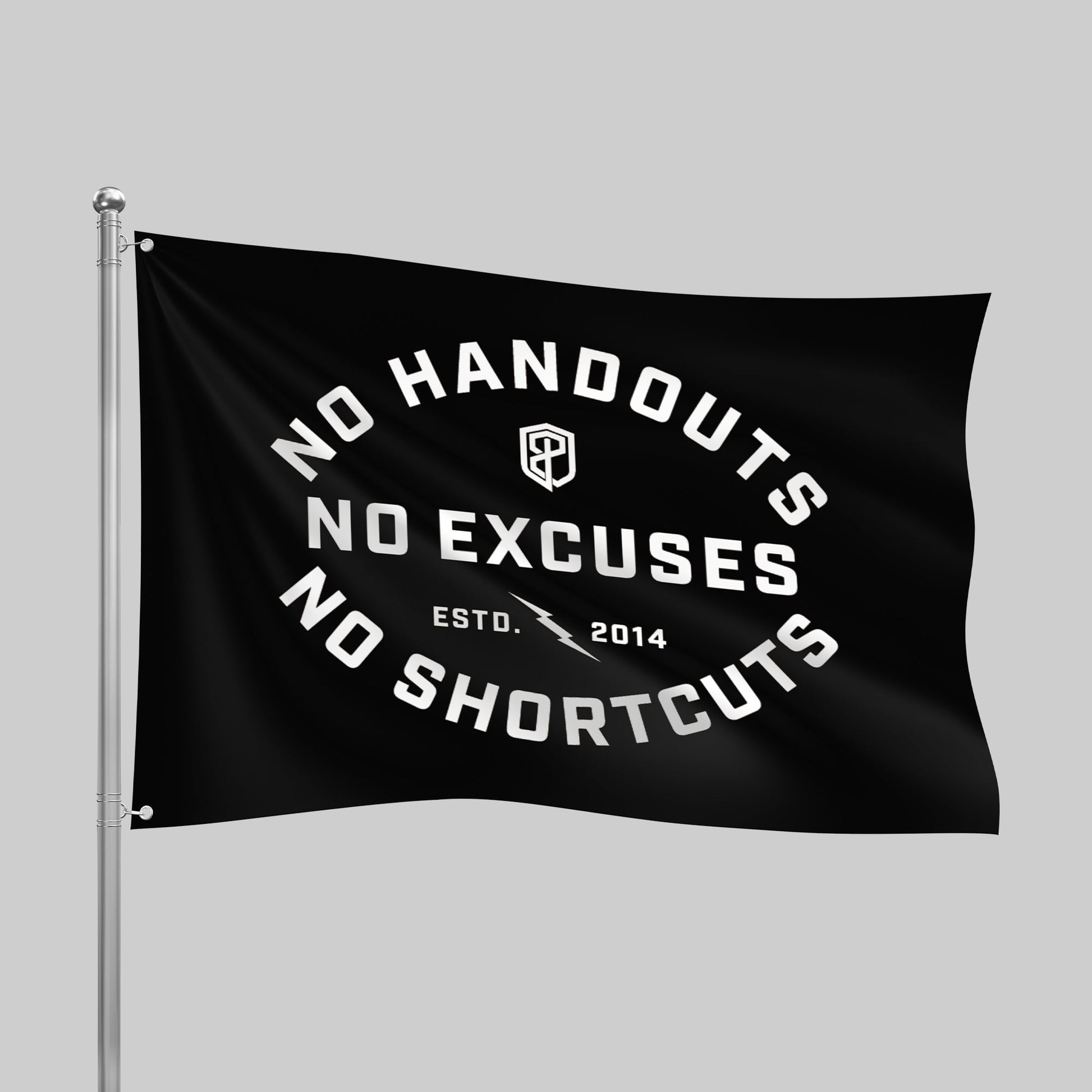 Black flag with white text on a gray background