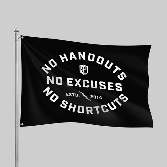 Black flag with white text on a gray background