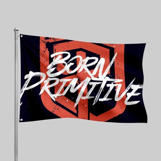 Flag with 'Born Primitive' text on a gray background