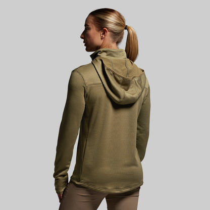 Person wearing a green hoodie on a plain background