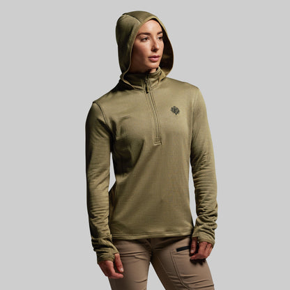 Person wearing a green hooded jacket on a gray background