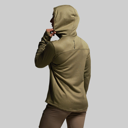 Person wearing a green hoodie on a gray background
