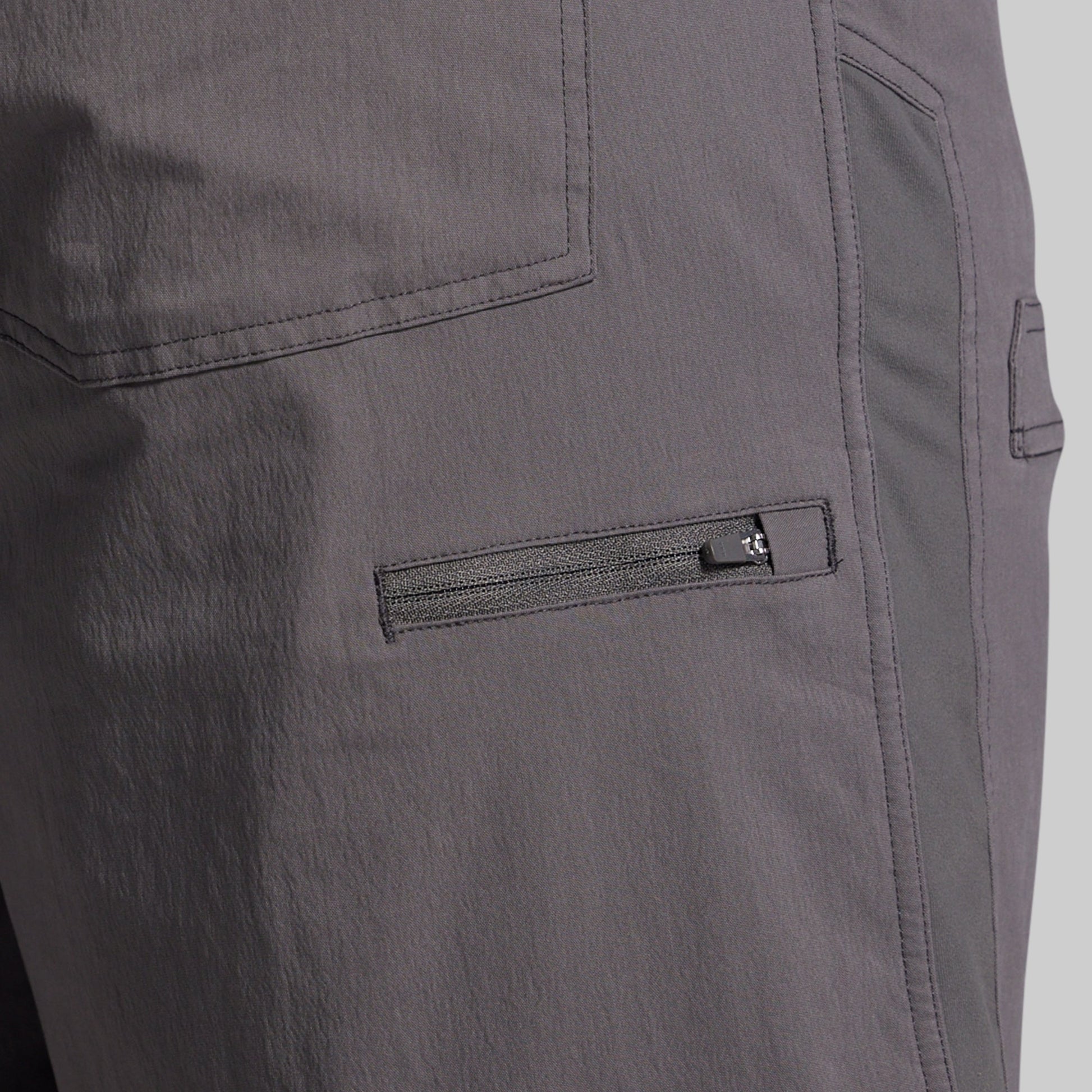 Close-up of gray shorts with a zipper pocket on a plain background