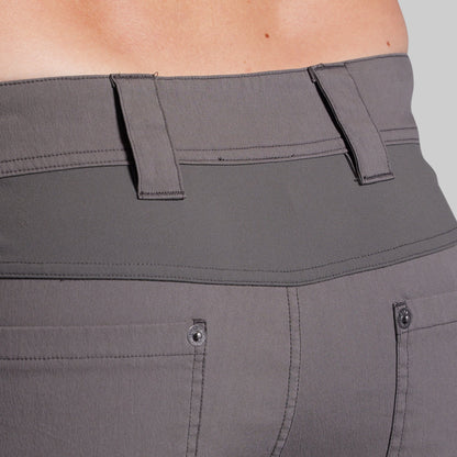 Close-up of gray shorts with a focus on the waistband and pockets.