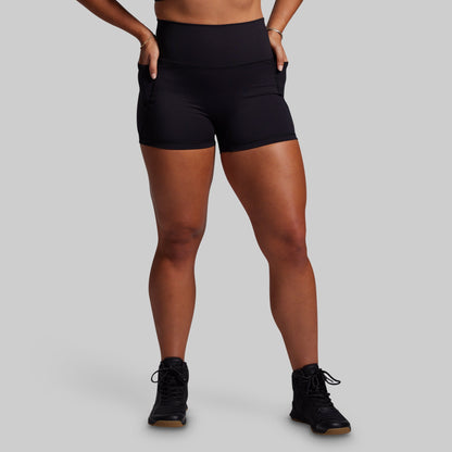 Person wearing black athletic shorts on a gray background