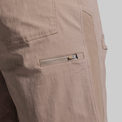 Close-up of beige shorts with a zipper pocket on a light gray background