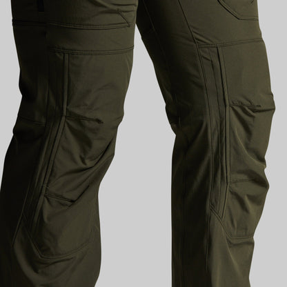 Close-up of olive green cargo pants showing the thigh area with multiple utility pockets on a light gray background.
