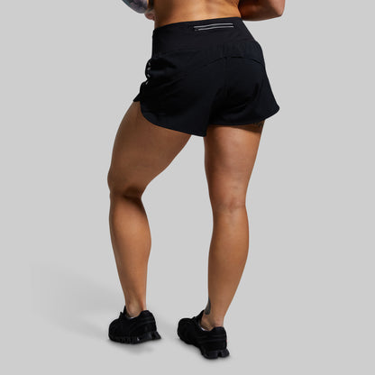 Person wearing a black athletic shorts on a gray background