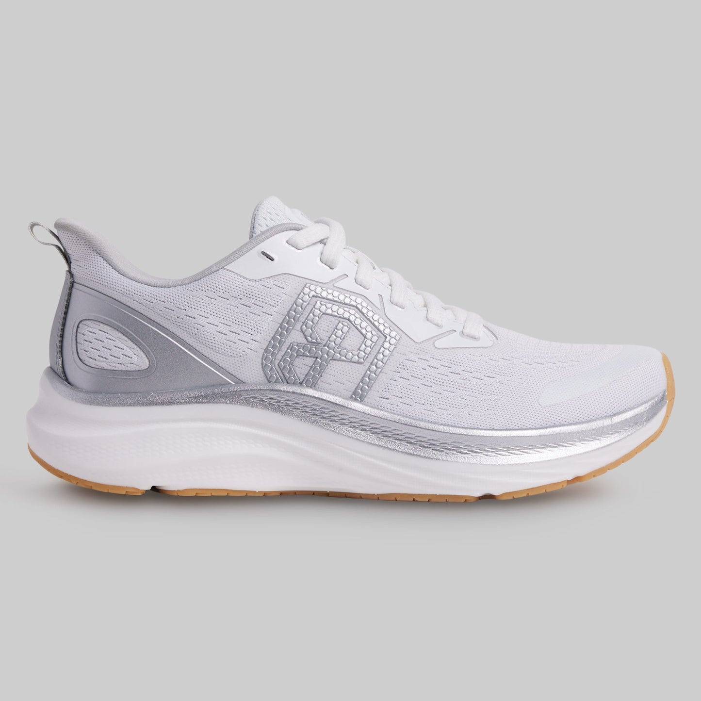 White running shoe with gray accents on a light gray background