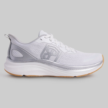 White running shoe with gray accents on a light gray background