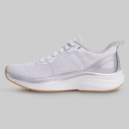 White running shoe on a gray background