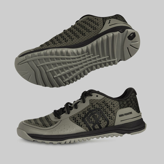 A pair of men's cross training shoes in tactical green and black color, featuring a mesh upper, lace-up closure, and a thick, treaded sole.