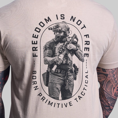 T-shirt with a graphic of a person in tactical gear and text 'Freedom is not Free' on a plain background