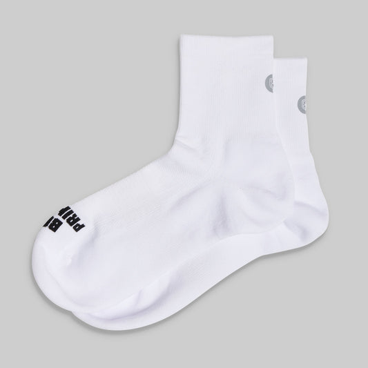 White socks with black text on a gray background