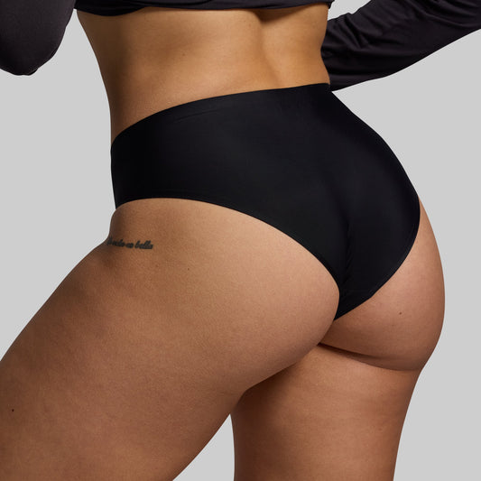 This image features the BP Seamless Cheeky underwear in black, highlighting its smooth, sleek design. The underwear is crafted from a moisture-wicking fabric that pulls excess moisture away from the skin, ensuring comfort and dryness.