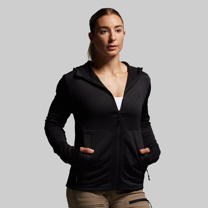 Person wearing a black hoodie on a gray background