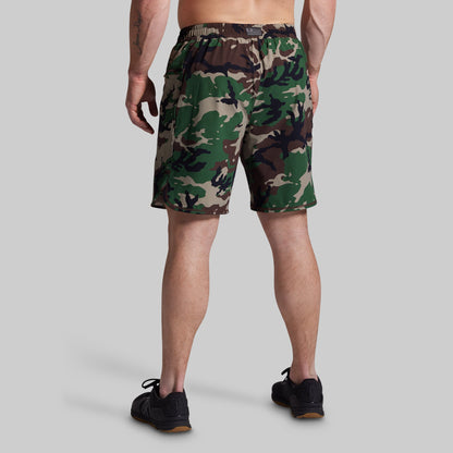 Person wearing camouflage shorts on a gray background