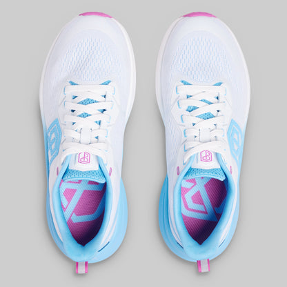 White running shoes with blue and pink accents on a gray background