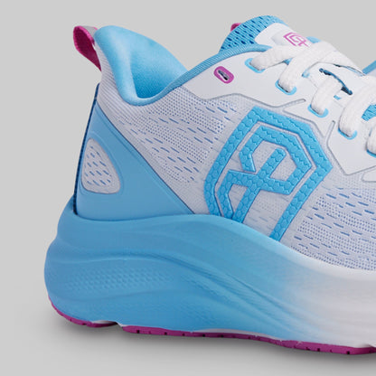 White and blue athletic shoe with pink accents on a gray background